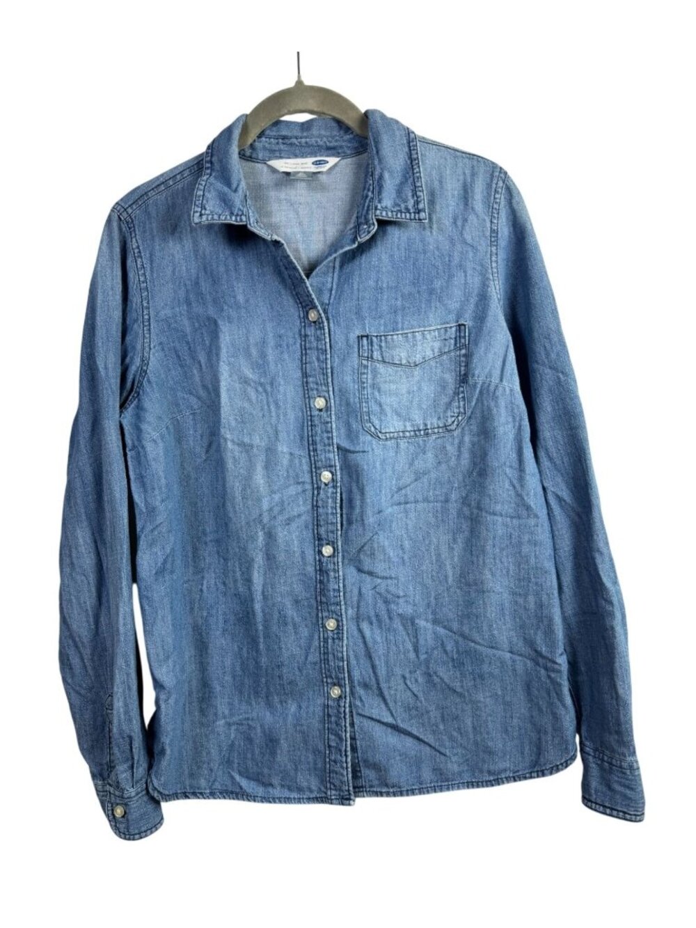Old Navy Womens Blue Denim Button-Up Shirt Medium Tall 100% Cotton Long Sleeve